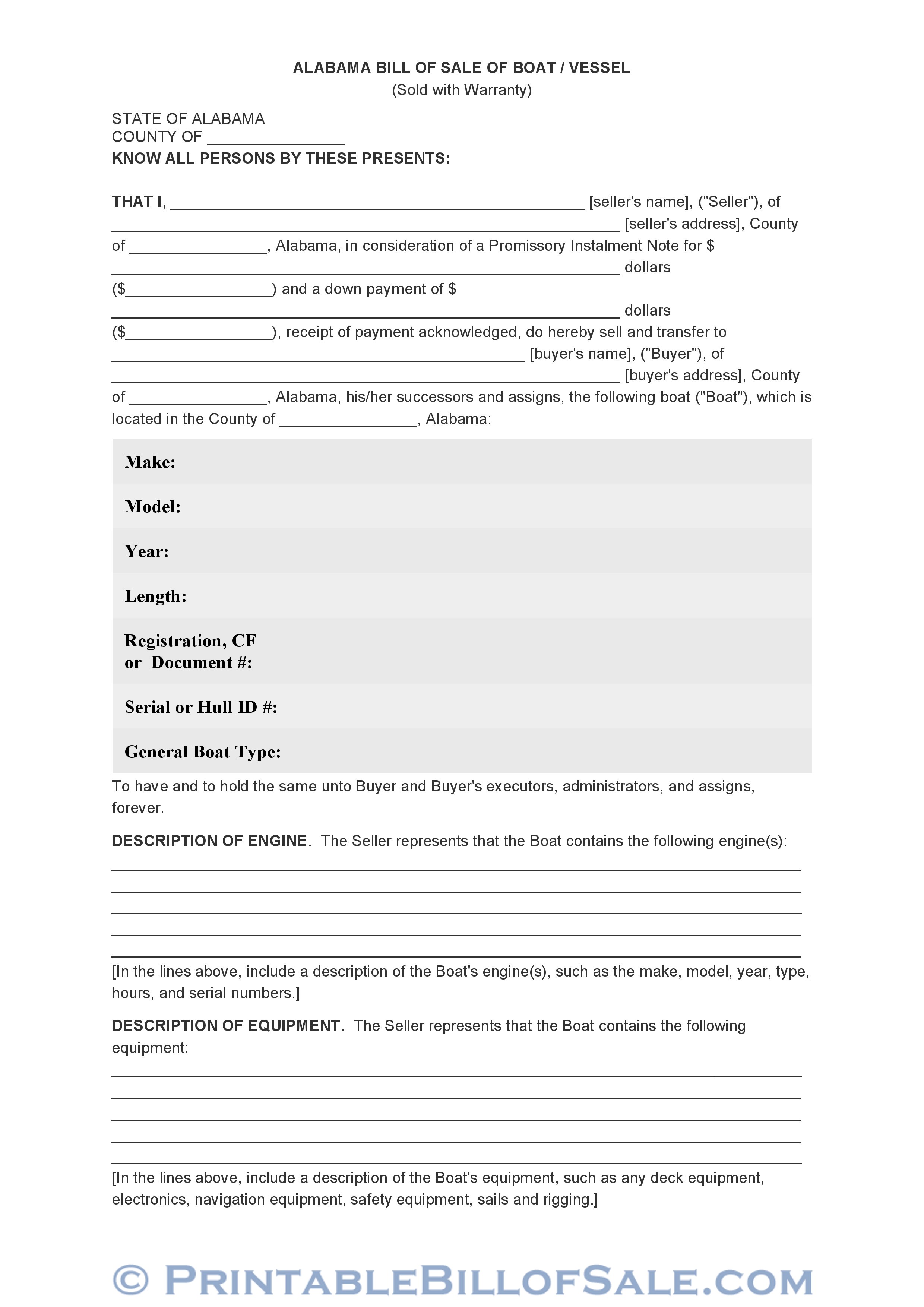 Free Alabama Bill Of Sale Of Boat / Vessel Form Download PDF DOC