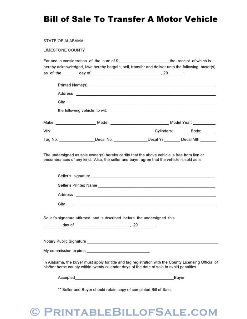 free limestone county alabama vehicle bill of sale form