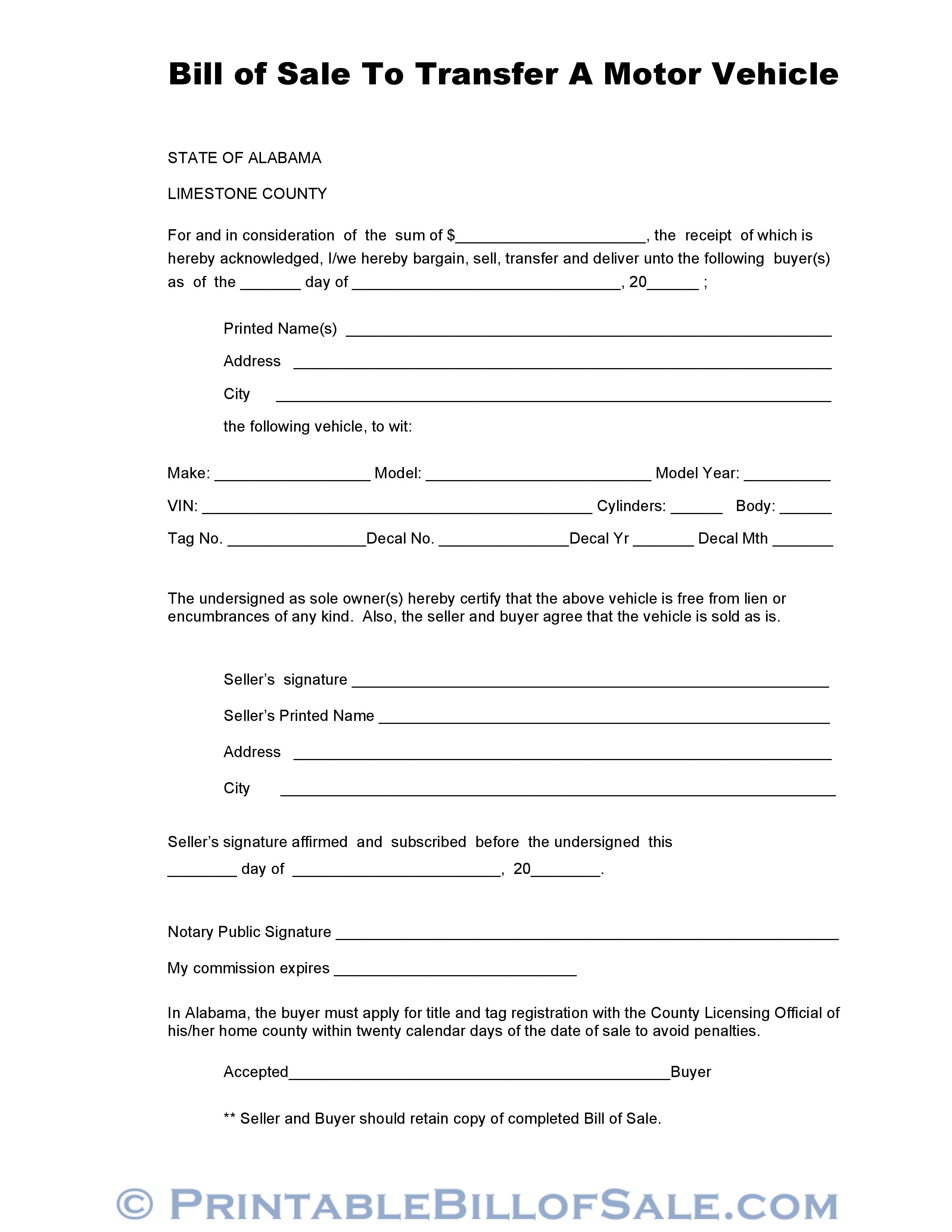 Free Limestone County Alabama Vehicle Bill Of Sale Form Download Pdf Word Template