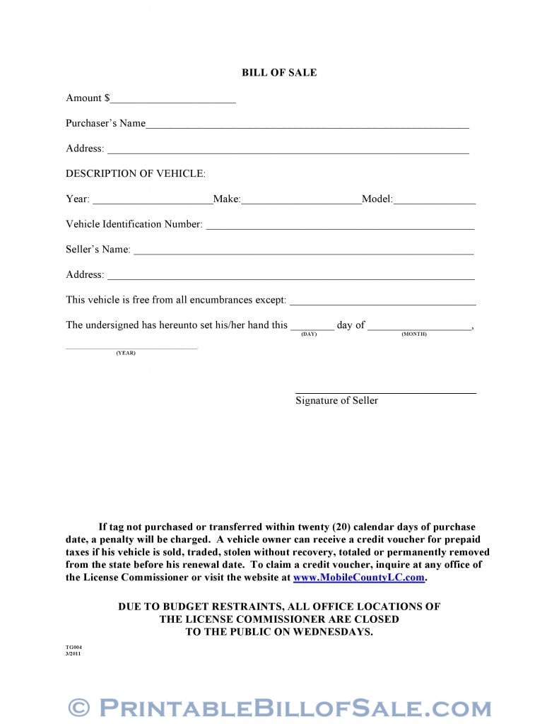 Printable Blank Bill Of Sale Alabama