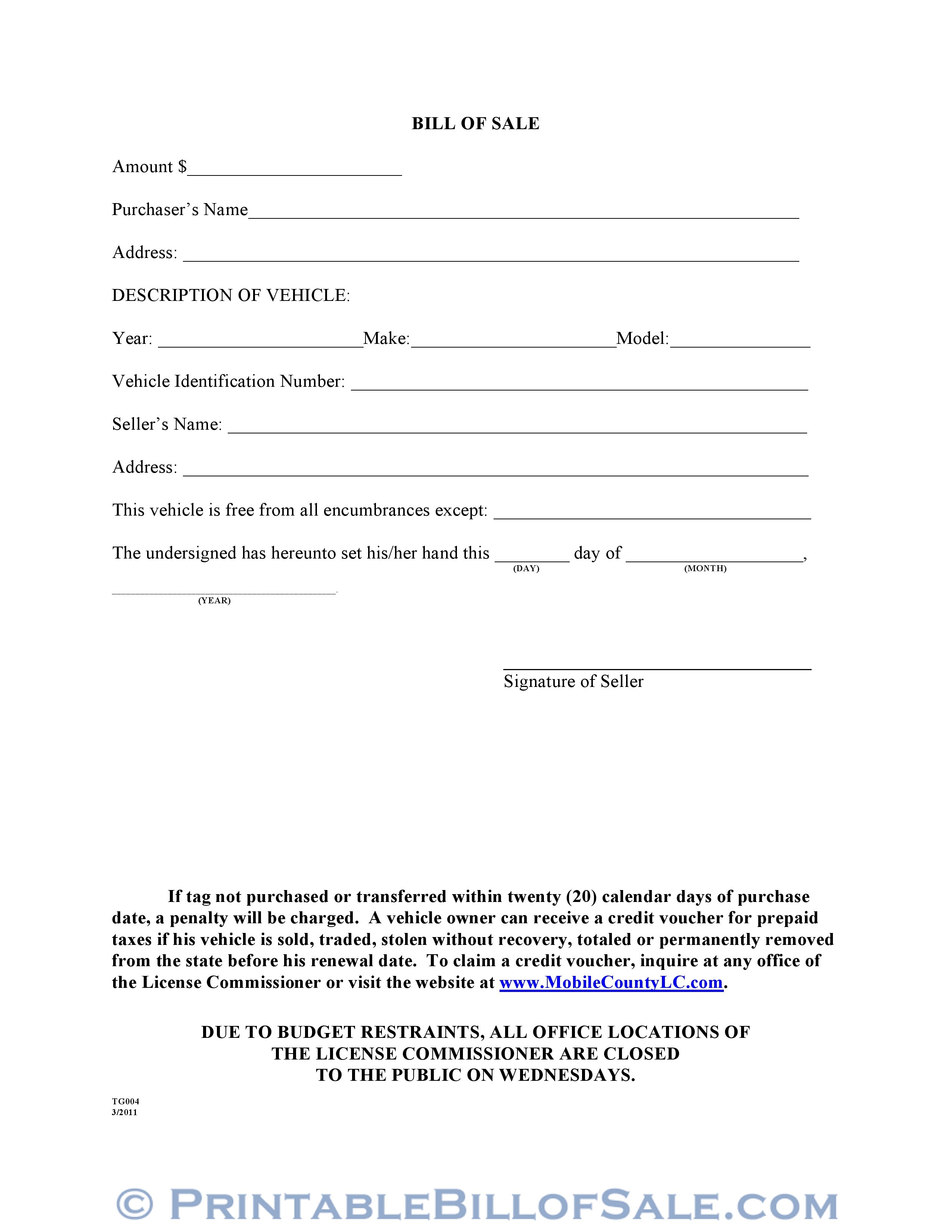 Free Mobile County Alabama Motor Vehicle Bill of Sale Form TG004