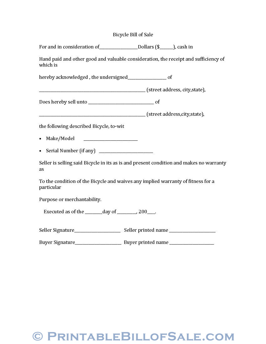 Free Bicycle Bill Of Sale Form Download Pdf Word Template