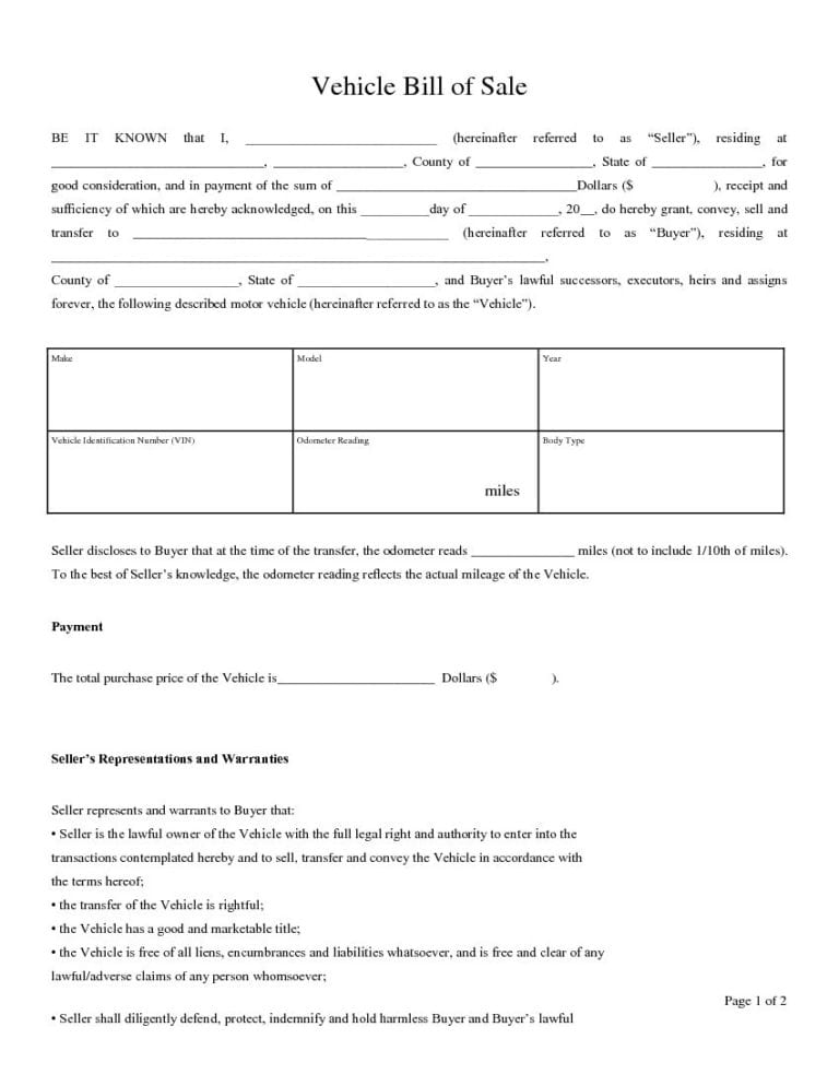 free template for car bill of sale pdf