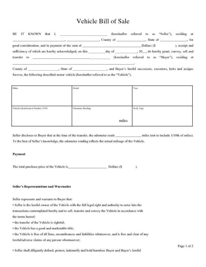 free blank vehicle bill of sale form download pdf word template