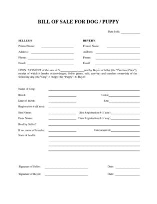 Dog or Puppy Bill of Sale Form