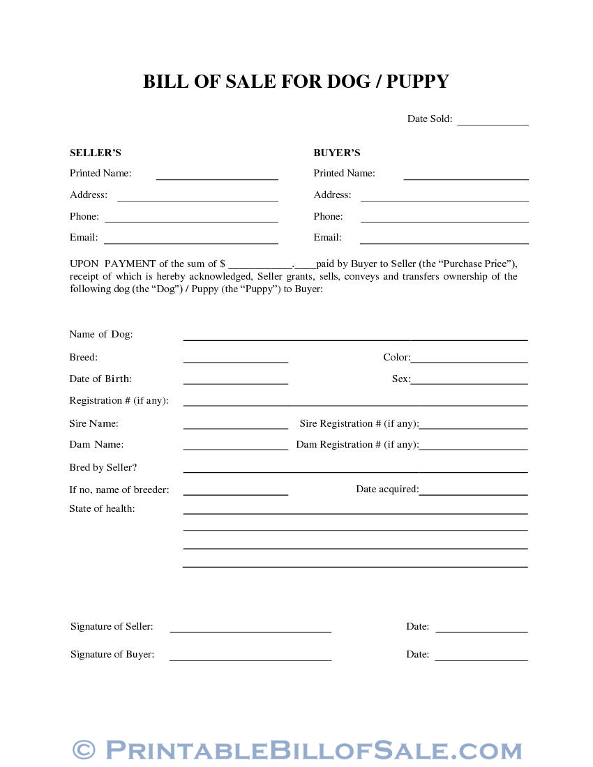 Free Dog Or Puppy Bill Of Sale Form Download Pdf Word Template