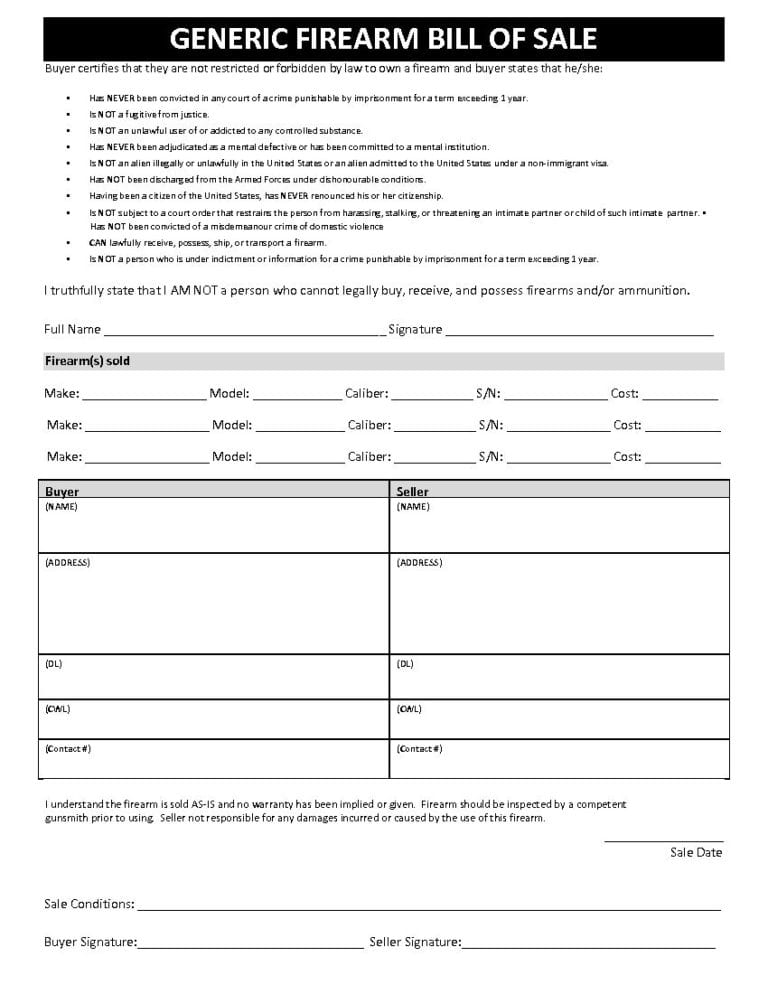 Free Generic Firearm Bill of Sale Form Download PDF Word Template