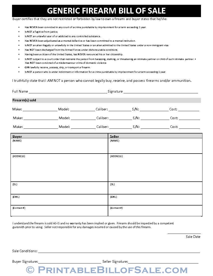 Free Generic Firearm Bill of Sale Form - Download PDF  Word Template