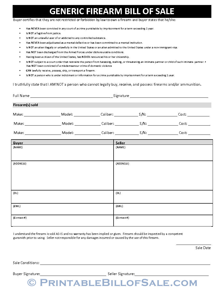 Bill Of Sale Template For Gun Florida