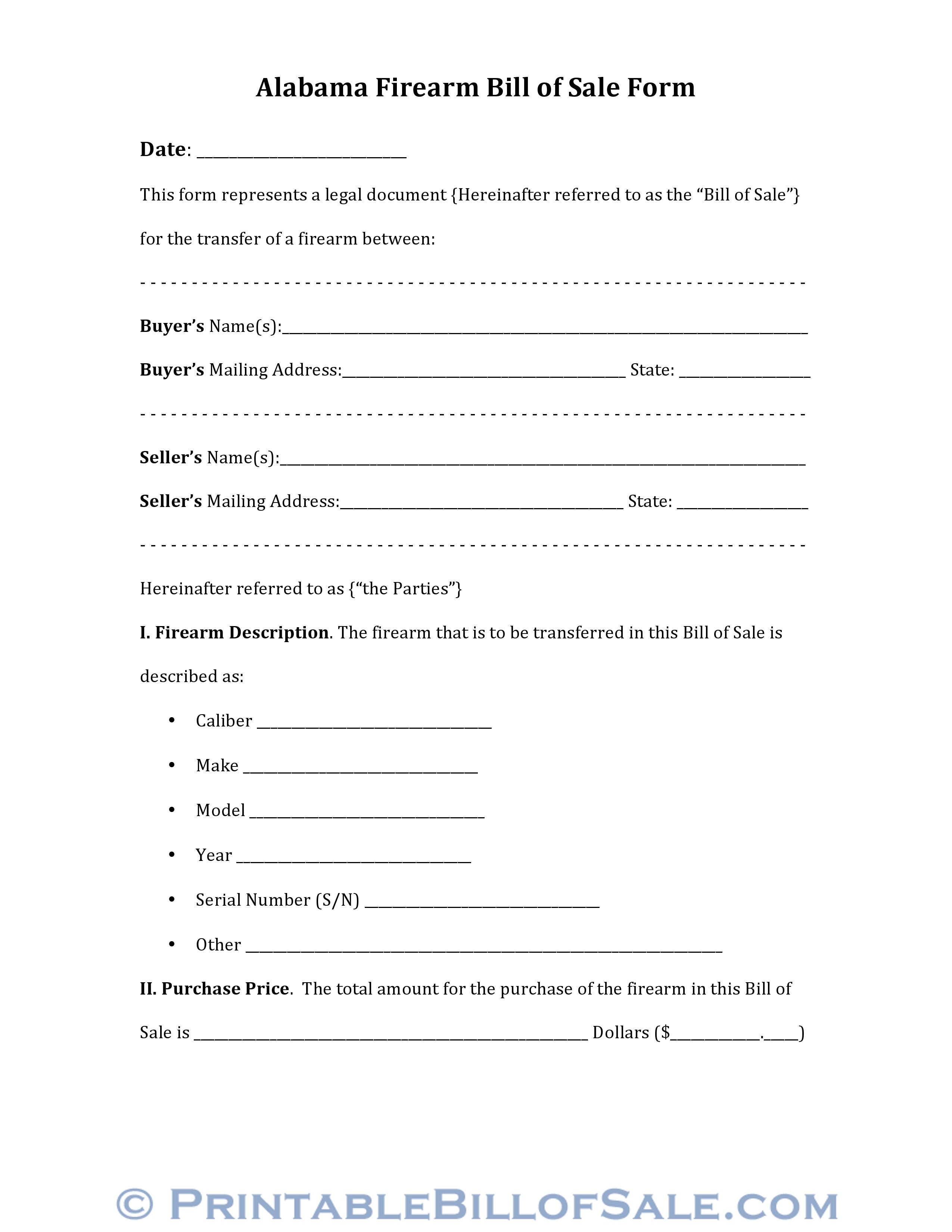free alabama firearm bill of sale form download pdf word template